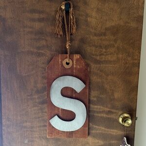 Rustic Large Brown Wood Tag Wall Hanging with Silver Letter S